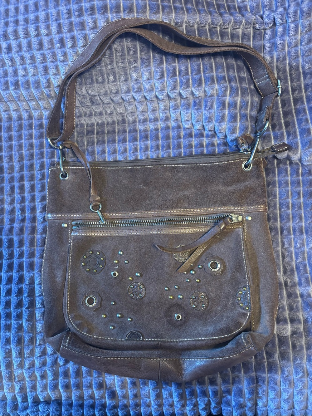 Fossil Brown Suede Crossbody Bag with Gold Stud Flower Accents.